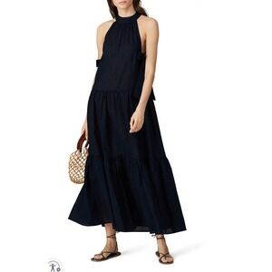 Marysia Mollusks Navy Blue Dress Sleeveless Halter Maxi Side Tie Sz L